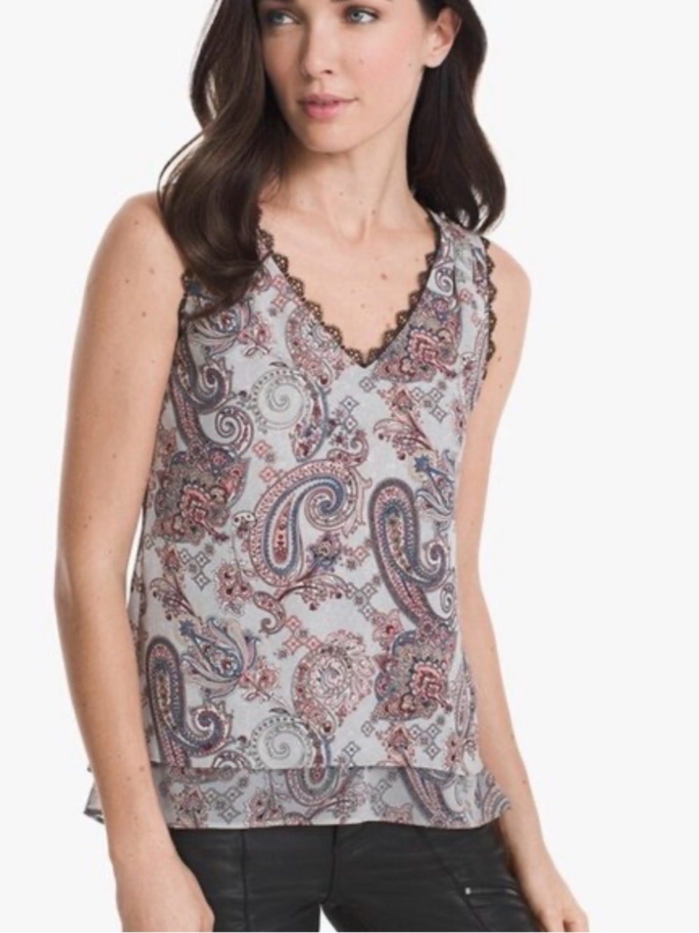WHBM Paisley Lace-Trim Sleeveless V-Neck Top — Multicolor L